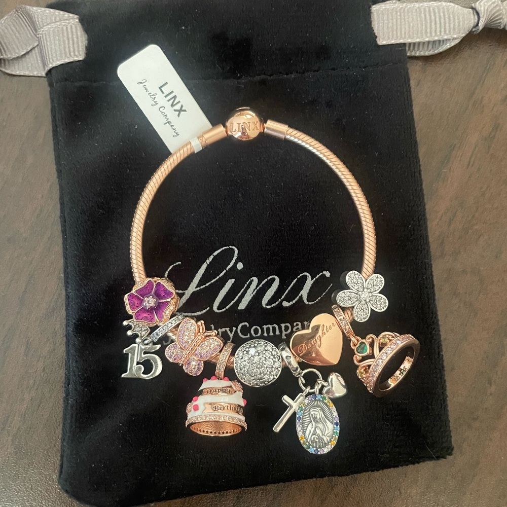 Linx Rose Gold Bracelet with Quinceanera 15th Birthday Themed Charms